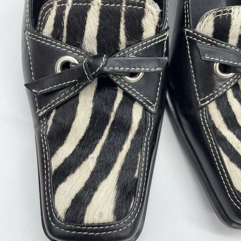 Franco Sarto Womens 6.5 Shoes Zebra Kitten Heel Square Toe Bow Tie Black Leather